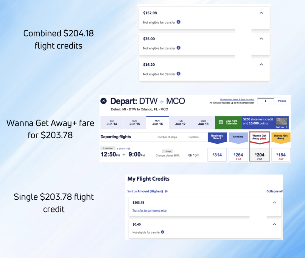 Combing 3 Southwest flight credits into a single, transferrable credit